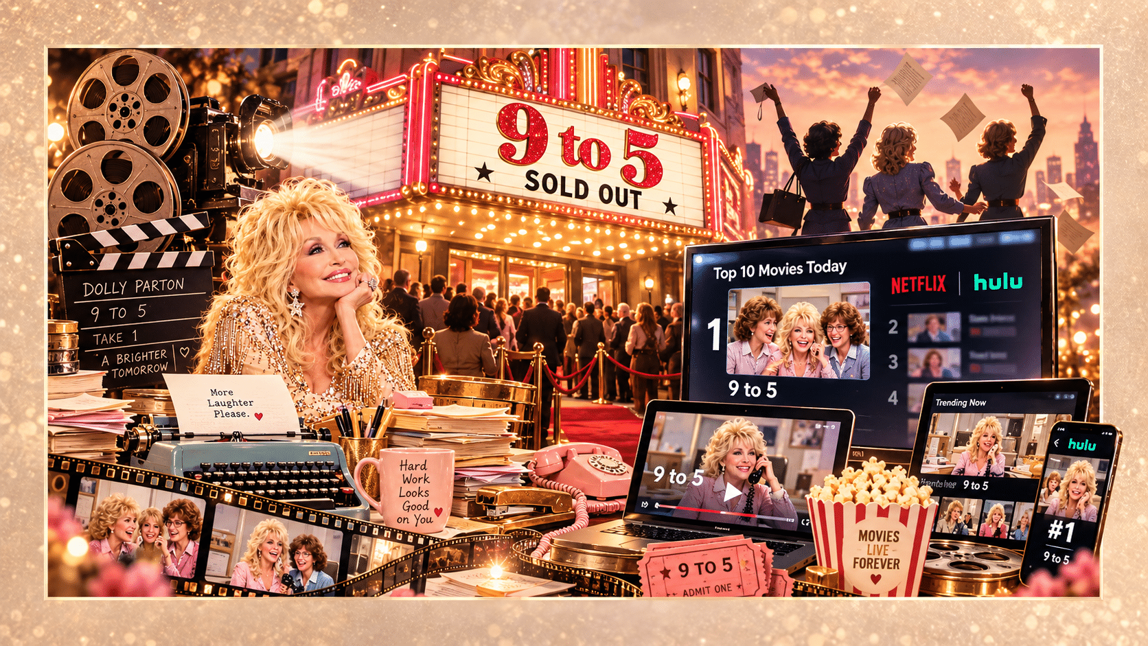 Illustration celebrating the film 9 to 5, with Dolly Parton beside a sold-out theater marquee and the movie appearing on Netflix and Hulu screens.