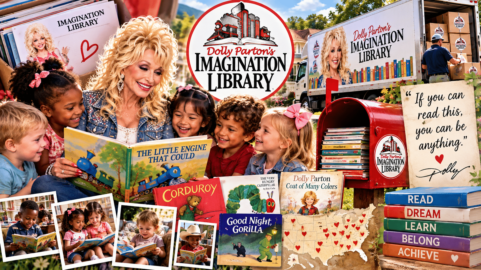 Illustration of Dolly Parton reading The Little Engine That Could with children, alongside books, a book-filled mailbox, and a delivery truck bearing the Dolly Parton’s Imagination Library logo.