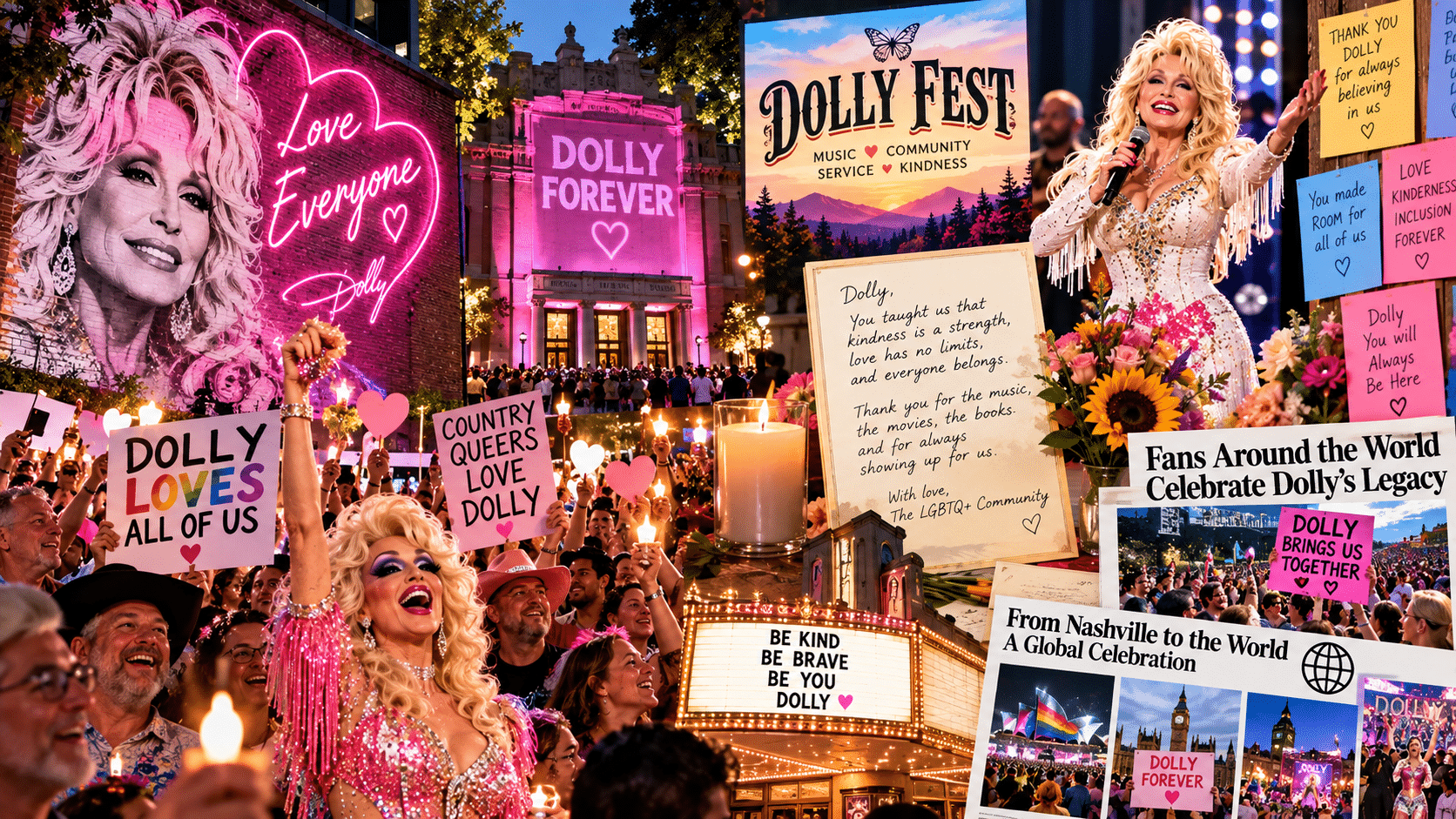 Illustrated collage of Dolly Fest and worldwide tributes to Dolly Parton, with cheering fans, a Dolly Forever theater marquee, a drag performer, and messages celebrating kindness and LGBTQ+ community