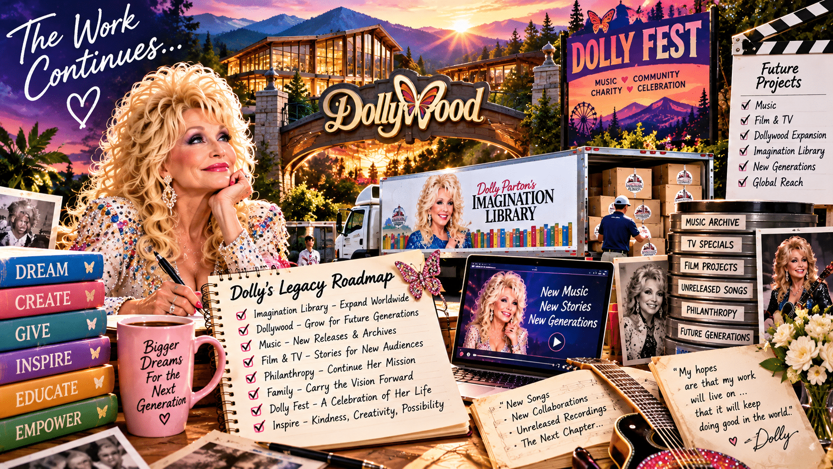Illustrated collage of Dolly Parton’s continuing legacy, featuring Dollywood, Dolly Fest, Imagination Library book deliveries, and plans for future music, film, television, and philanthropy.