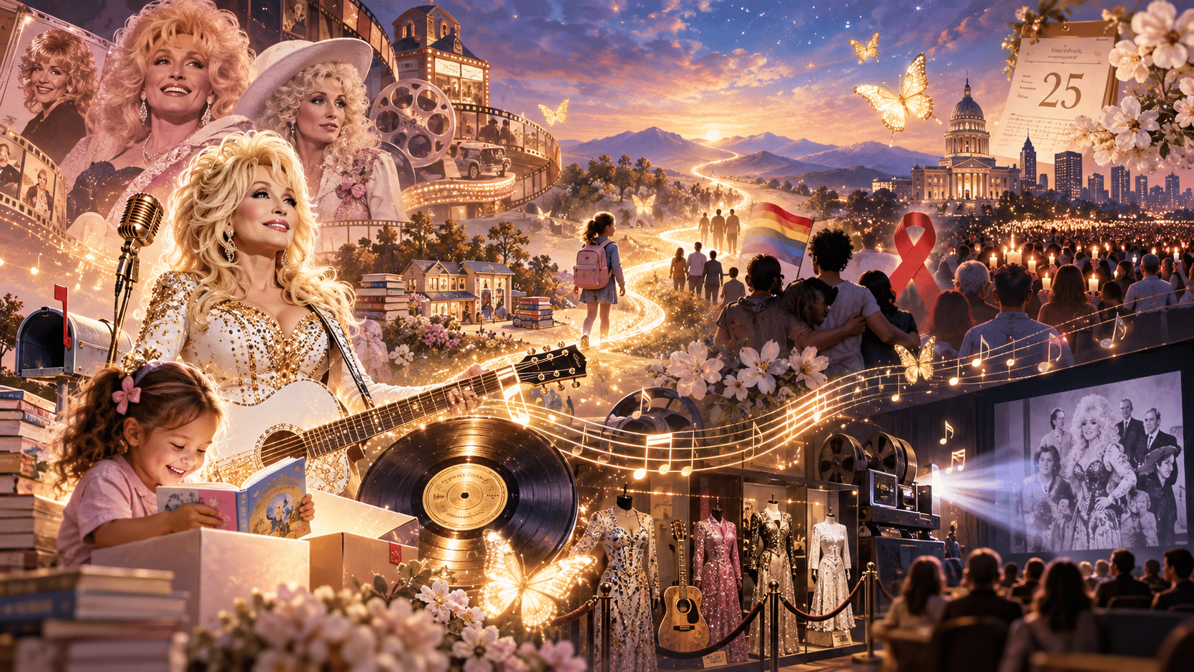 Illustrated tribute to Dolly Parton’s legacy, combining her music and films with a child reading, a Pride flag, an AIDS awareness ribbon, and a crowd gathered by candlelight.