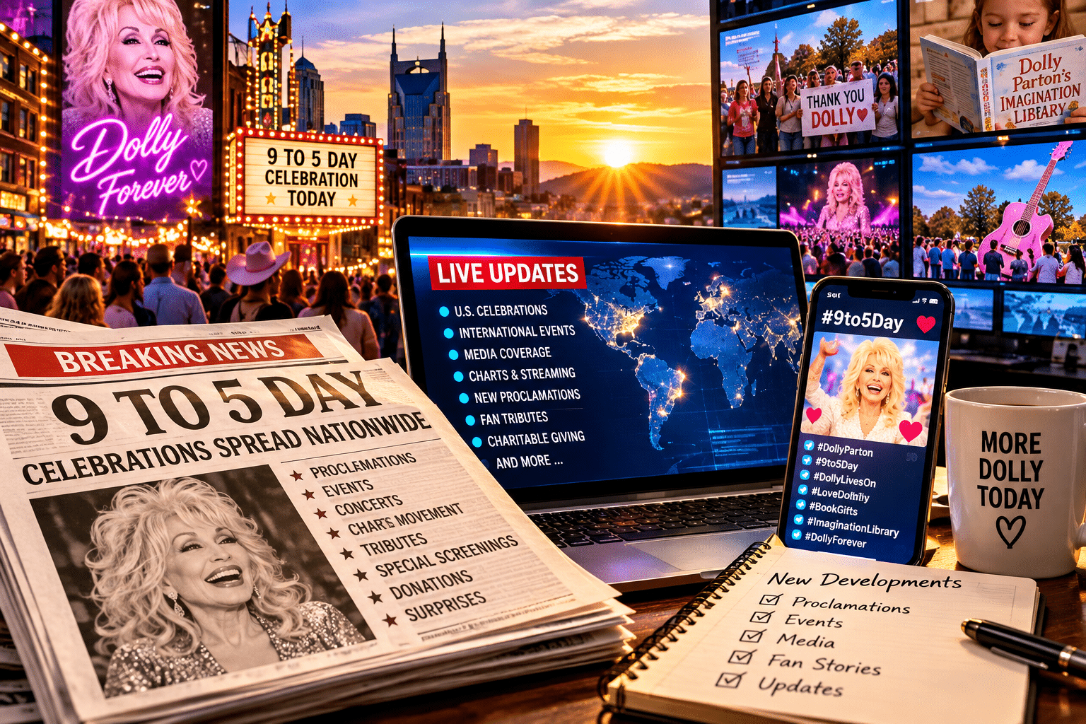 Illustration of a 9 to 5 Day news desk with a Dolly Parton celebration marquee, newspaper headlines, and screens tracking events, tributes, streaming, and charitable giving around the world.