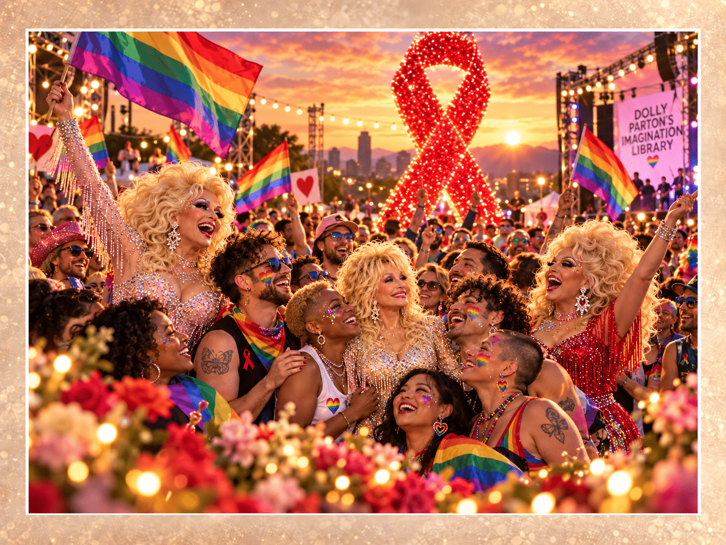 Illustration of Dolly Parton surrounded by a cheering LGBTQ+ Pride crowd waving rainbow flags, with a glowing red AIDS awareness ribbon and a Dolly Parton’s Imagination Library sign in the background.